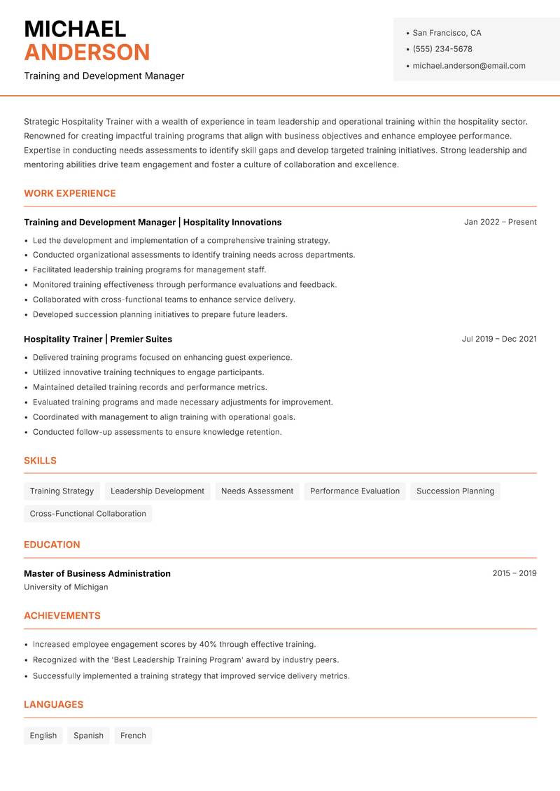 Hospitality Trainer resume sample — Training and Development Manager focus