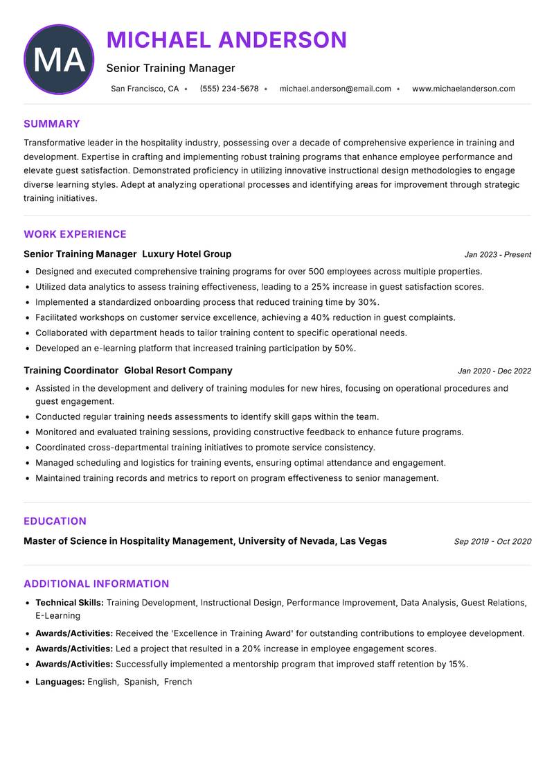 Hospitality Training Executive resume example