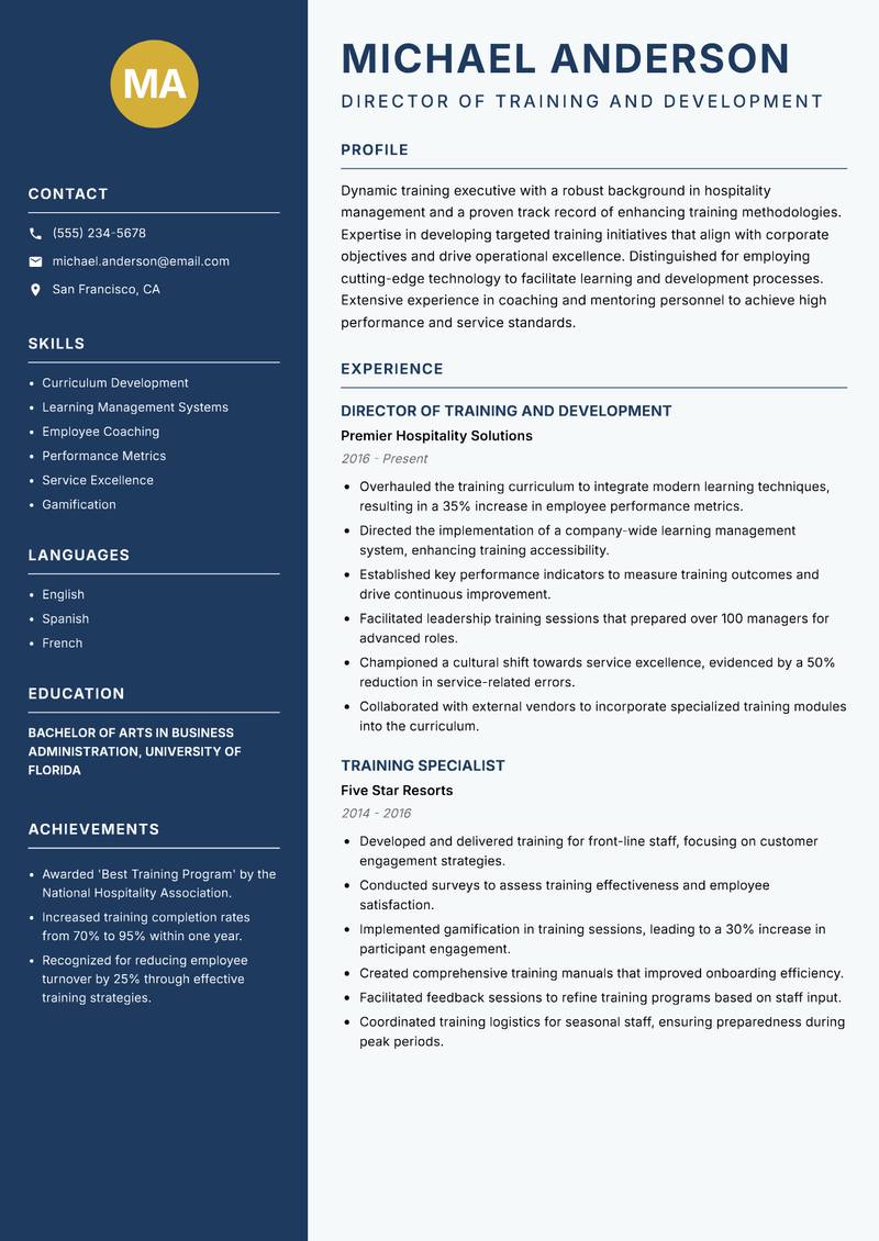 Hospitality Training Executive resume sample — Director of Training and Development focus