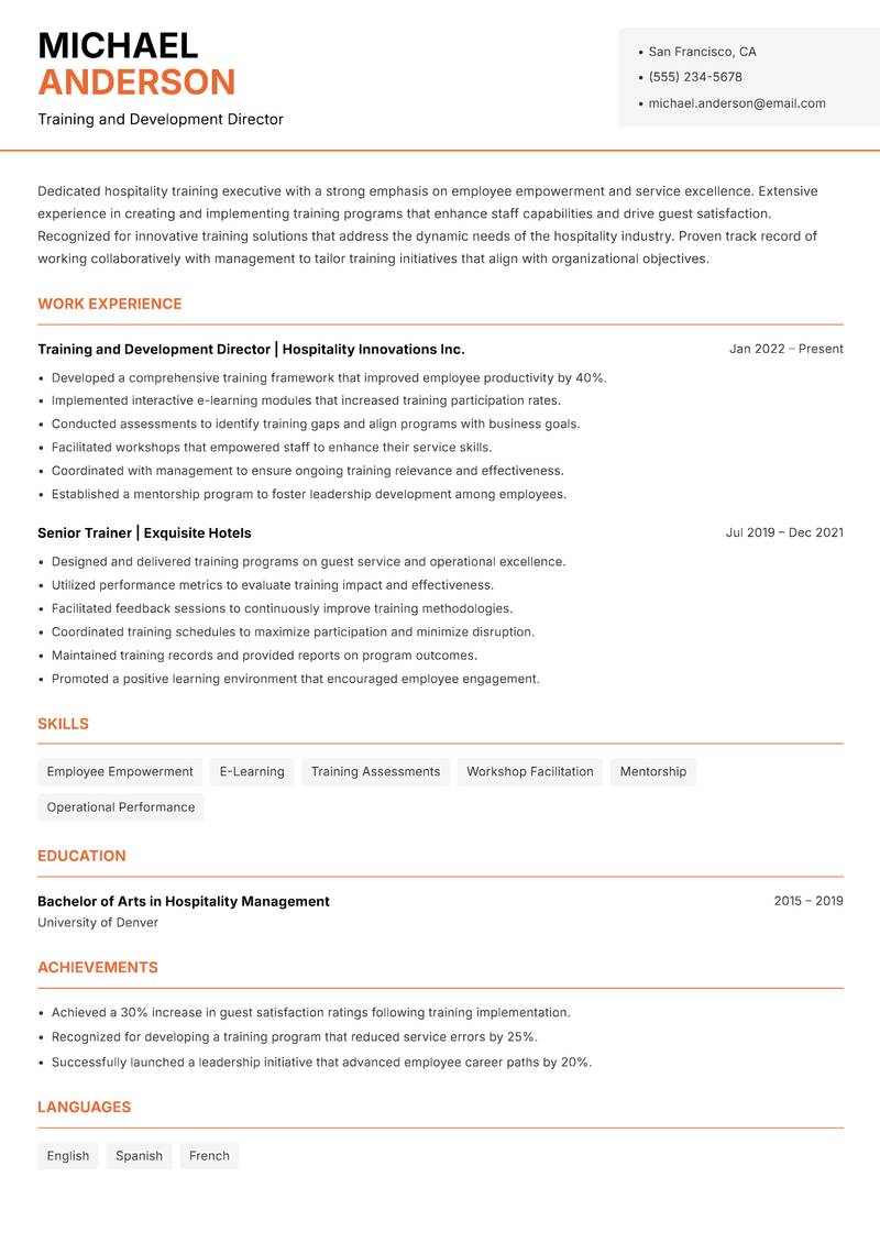 Hospitality Training Executive resume sample — Training and Development Director focus