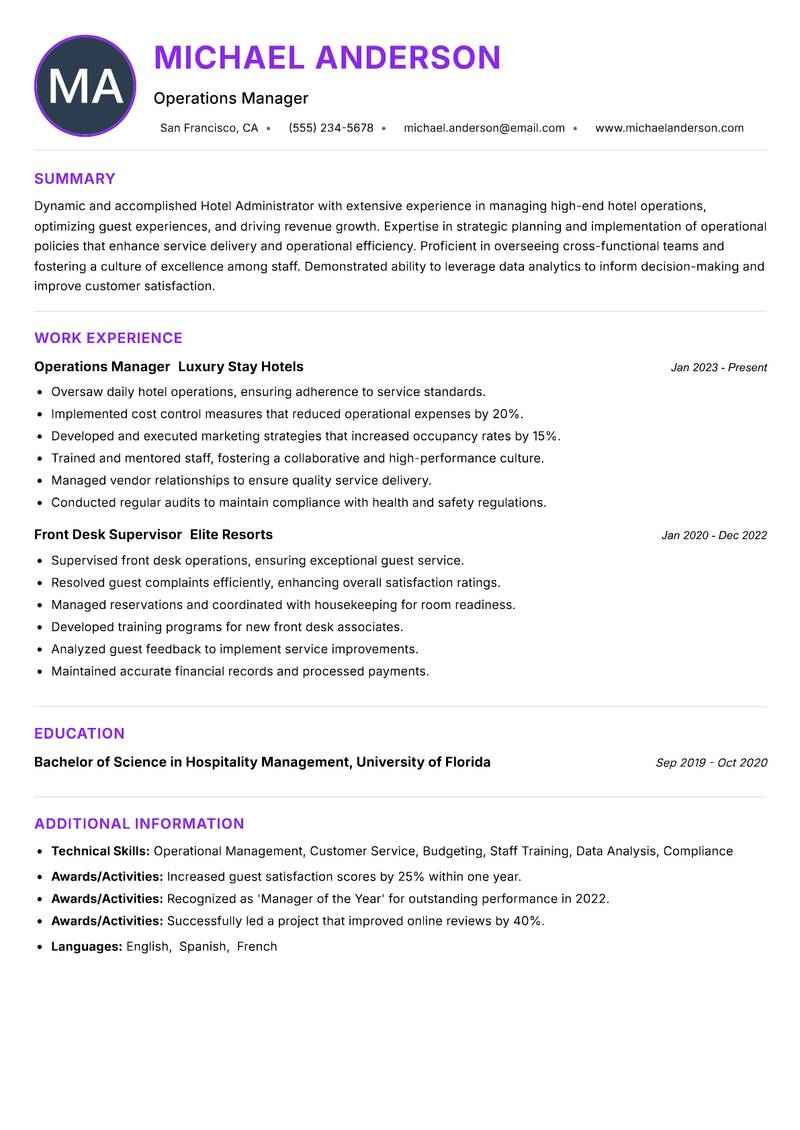Hotel Administrator resume example