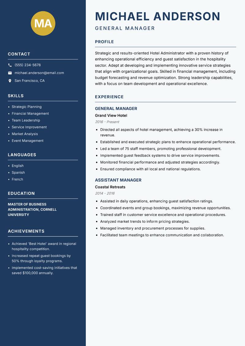 Hotel Administrator resume sample — General Manager focus