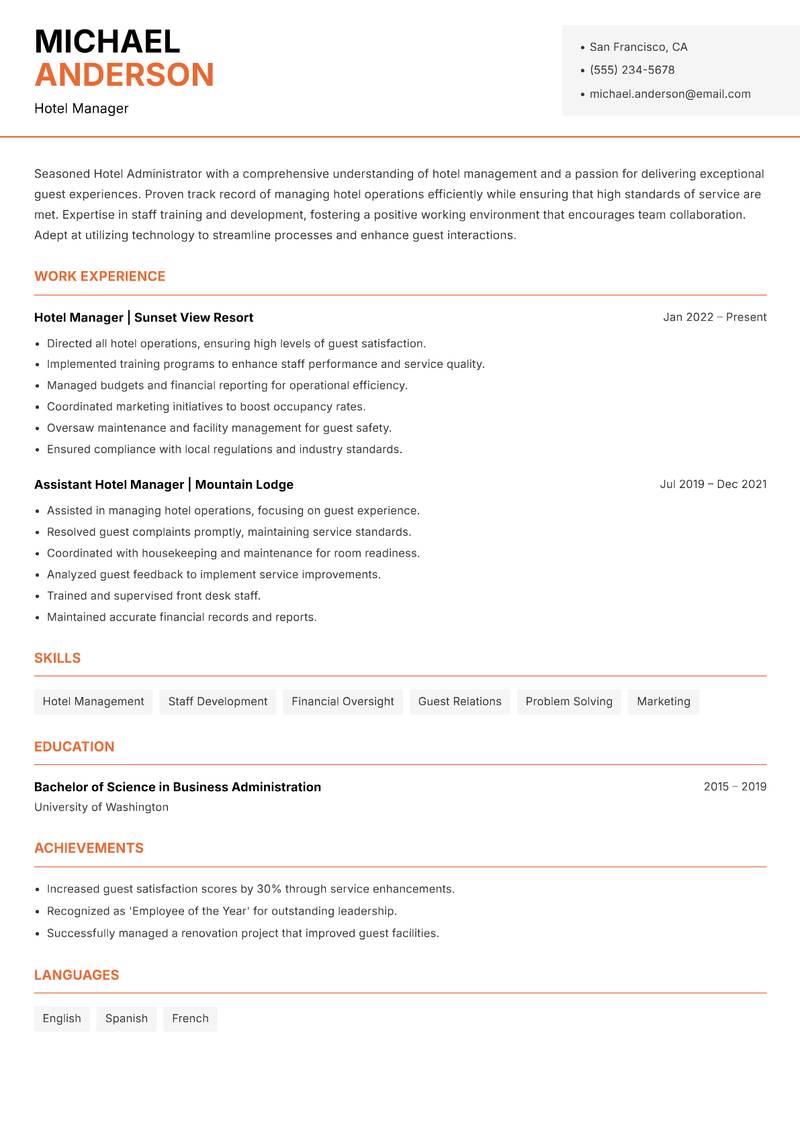 Hotel Administrator resume sample — Hotel Manager focus