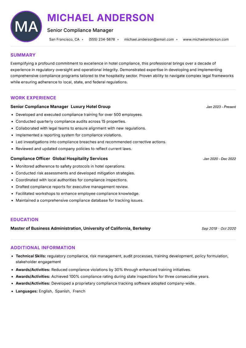 Hotel Compliance Officer resume example