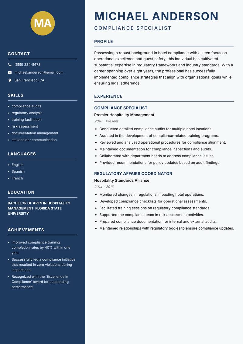 Hotel Compliance Officer resume sample — Compliance Specialist focus