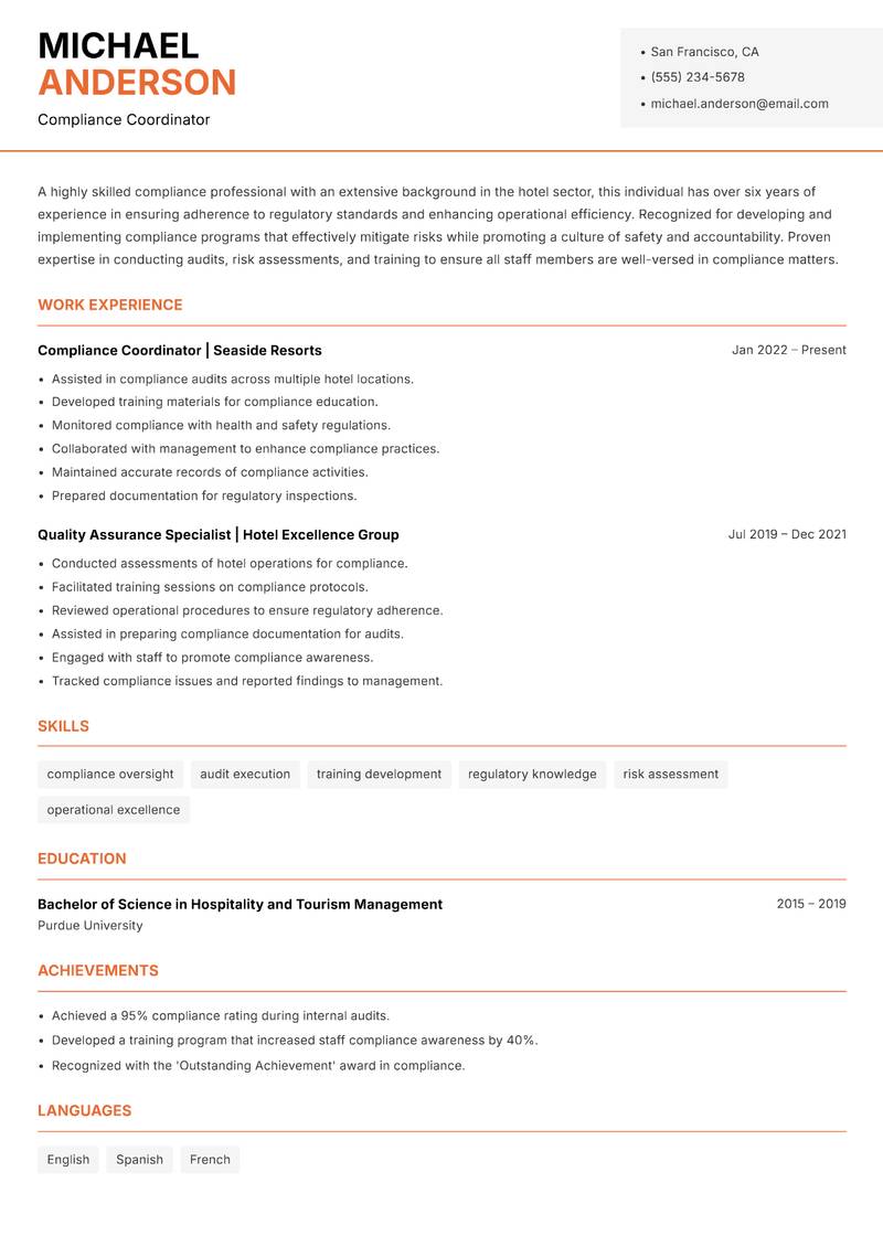 Hotel Compliance Officer resume sample — Compliance Coordinator focus