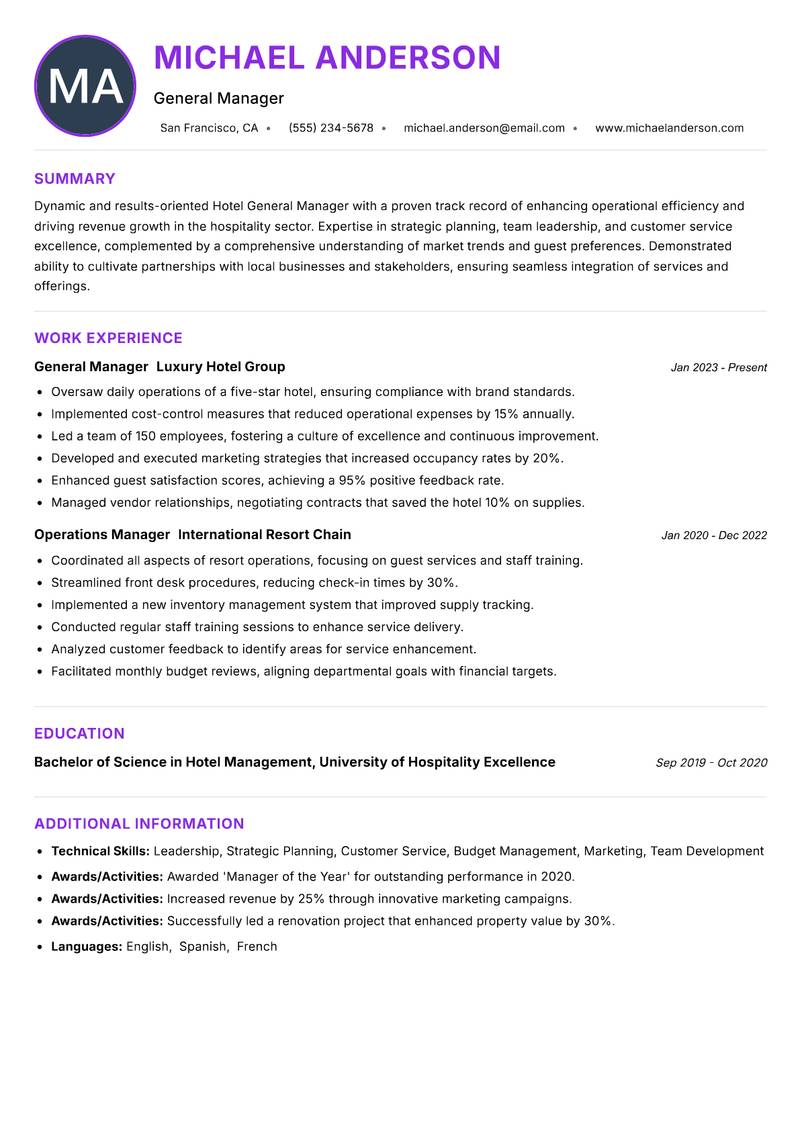 Hotel General Manager resume example
