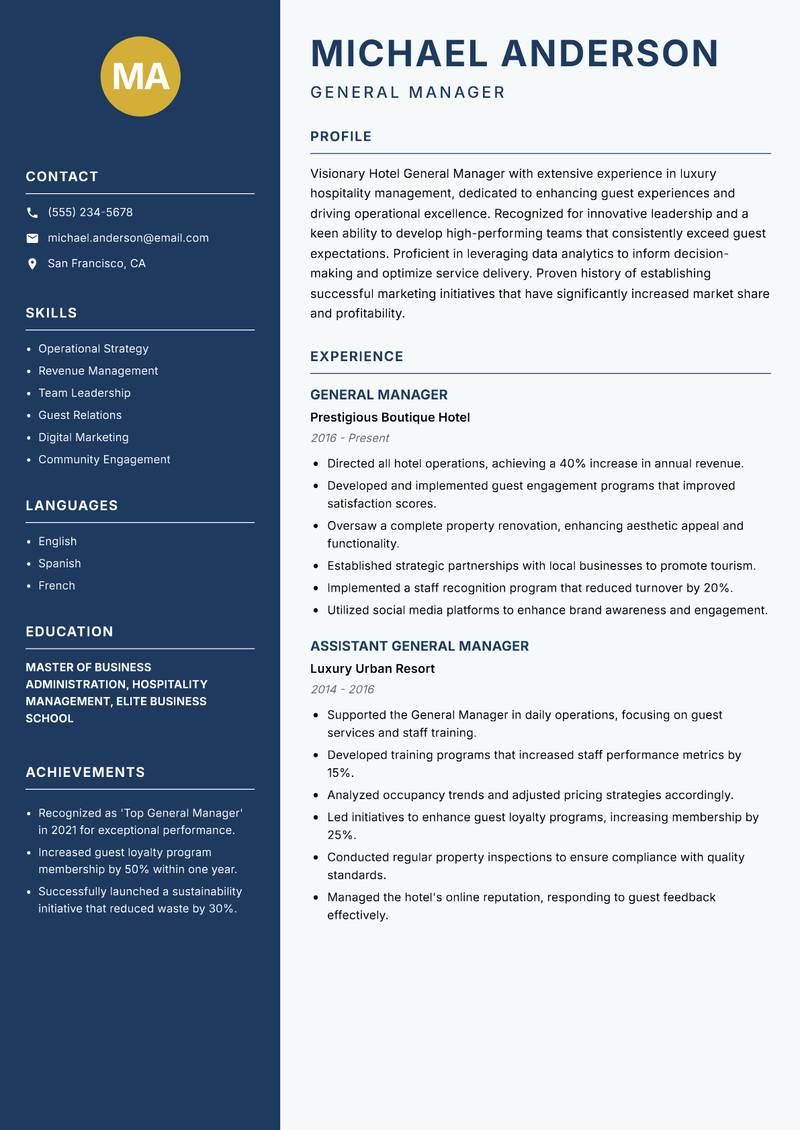 Hotel General Manager resume sample — General Manager focus