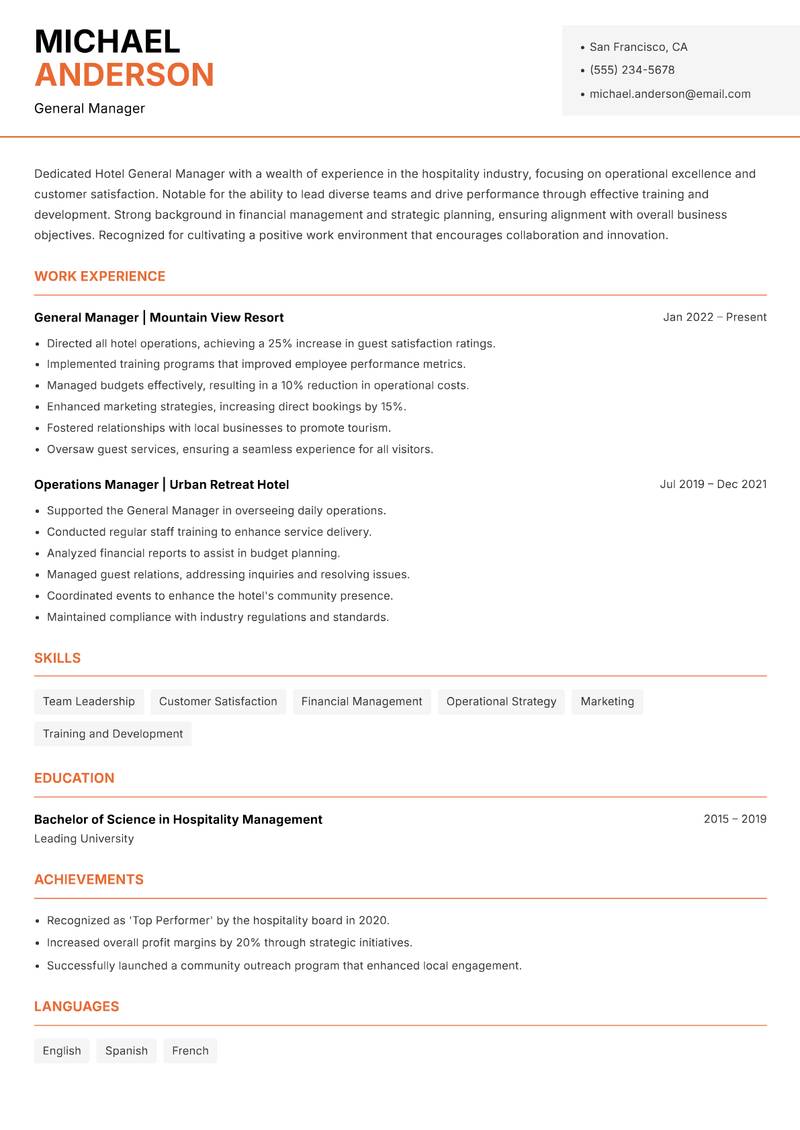 Hotel General Manager resume sample — General Manager focus
