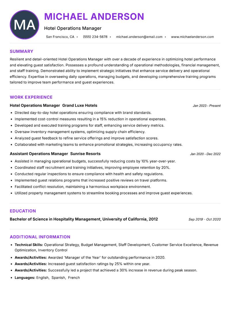 Hotel Operations Manager resume example