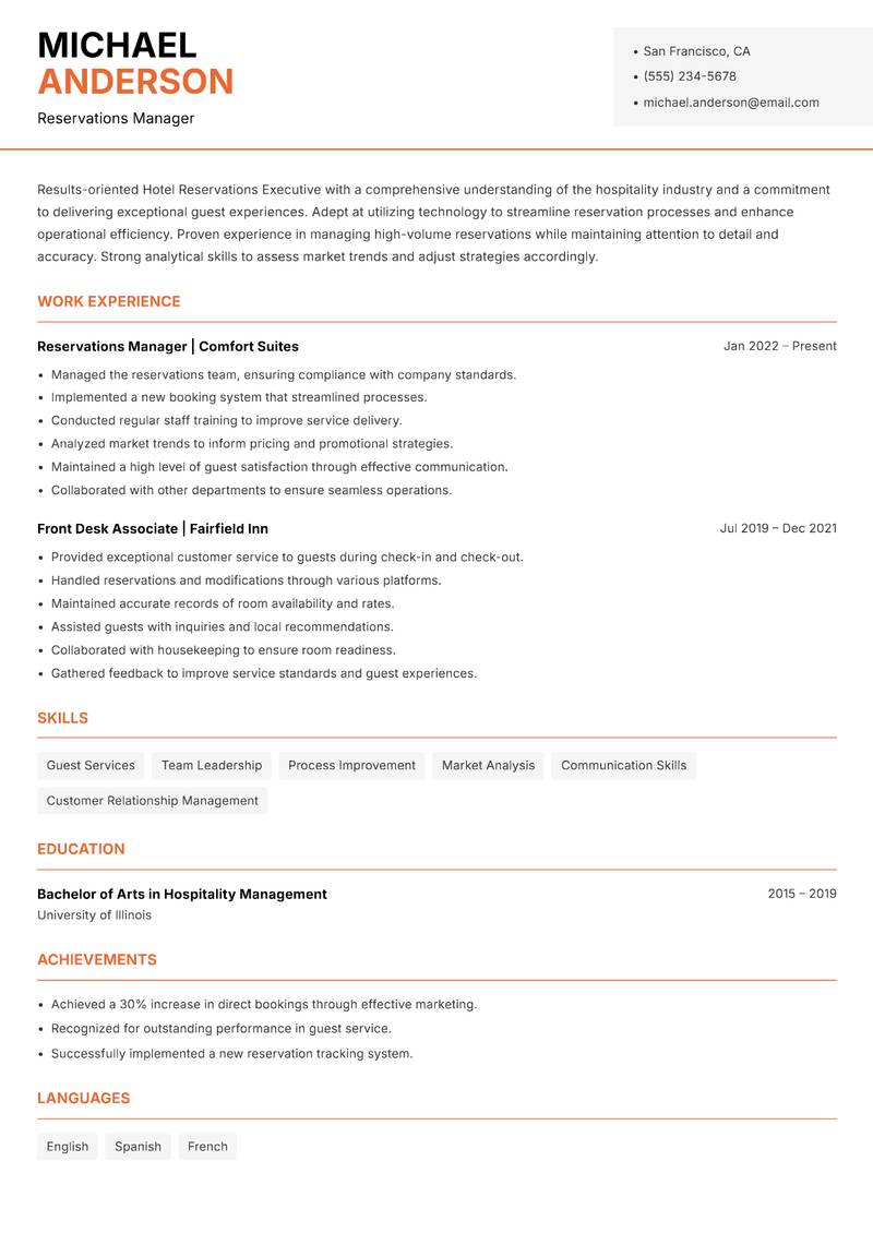 Hotel Reservations Executive resume sample — Reservations Manager focus