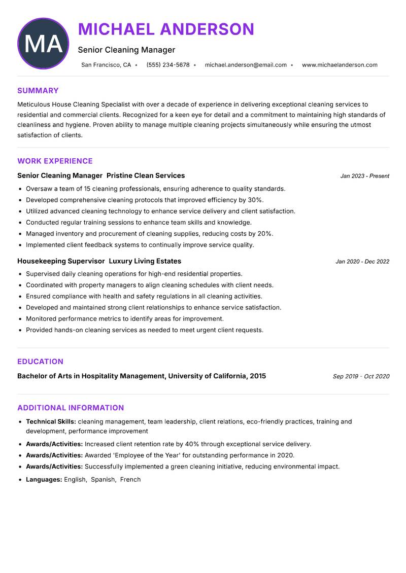 House Cleaning Specialist resume example