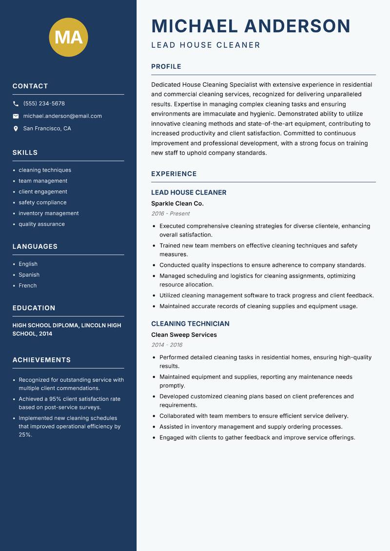 House Cleaning Specialist resume sample — Lead House Cleaner focus