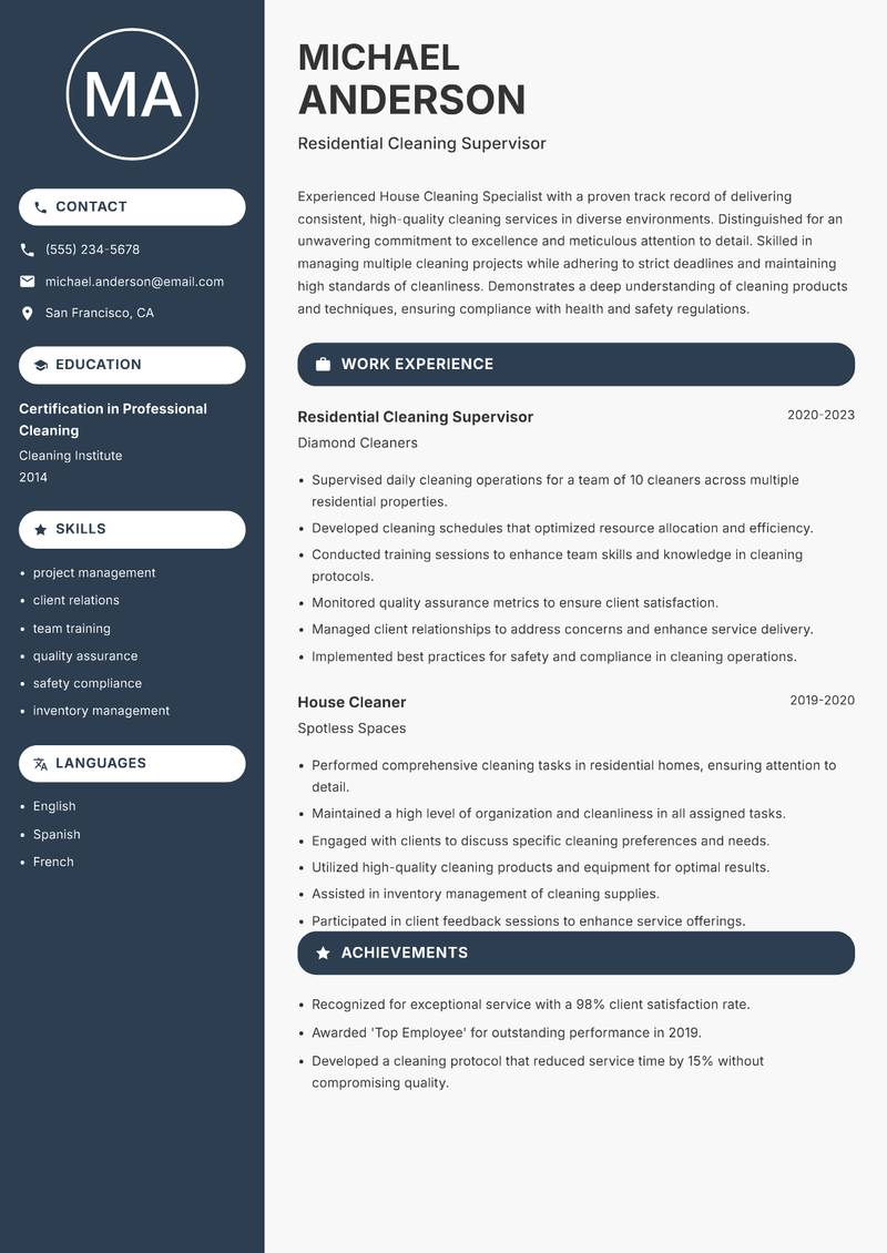 House Cleaning Specialist resume sample — Residential Cleaning Supervisor focus