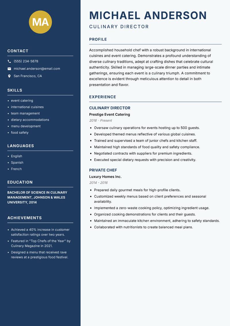 Household Chef resume sample — Culinary Director focus