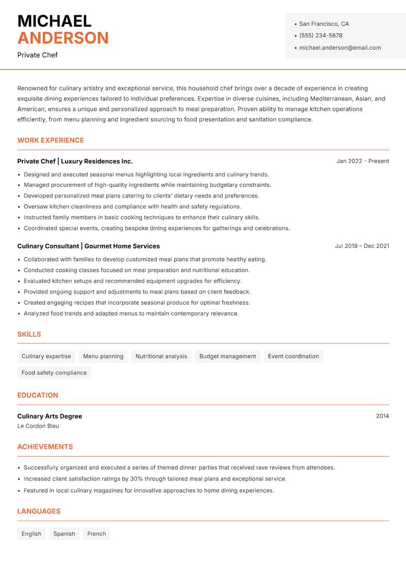 Household Chef resume sample — Private Chef focus