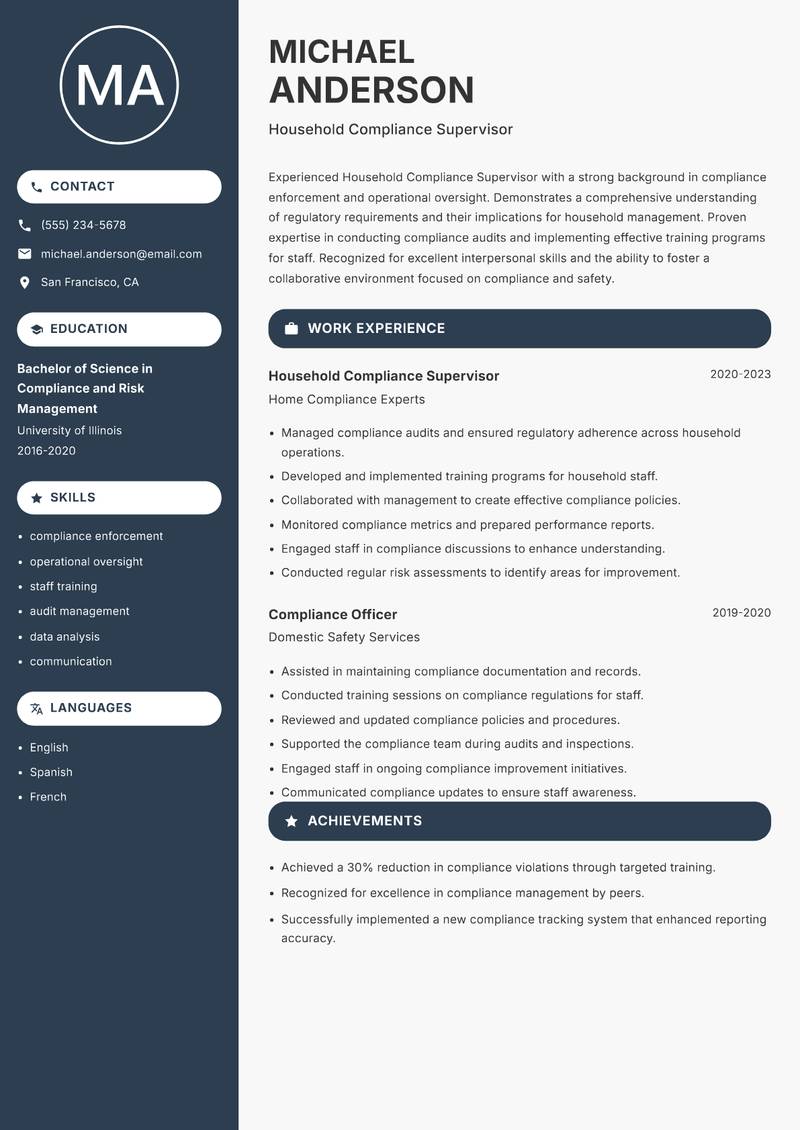 Household Compliance Supervisor resume sample — Household Compliance Supervisor focus