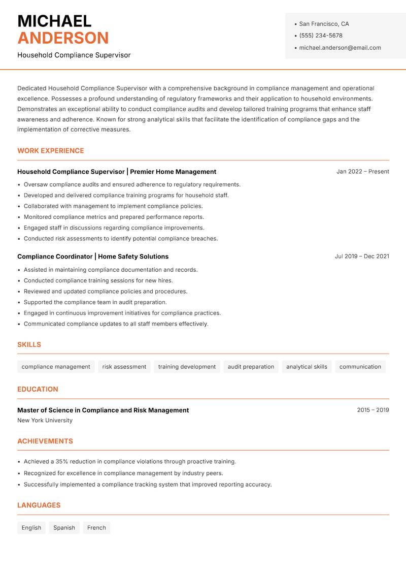 Household Compliance Supervisor resume sample — Household Compliance Supervisor focus