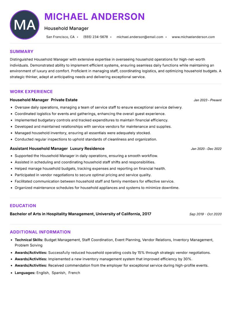 Household Manager resume example
