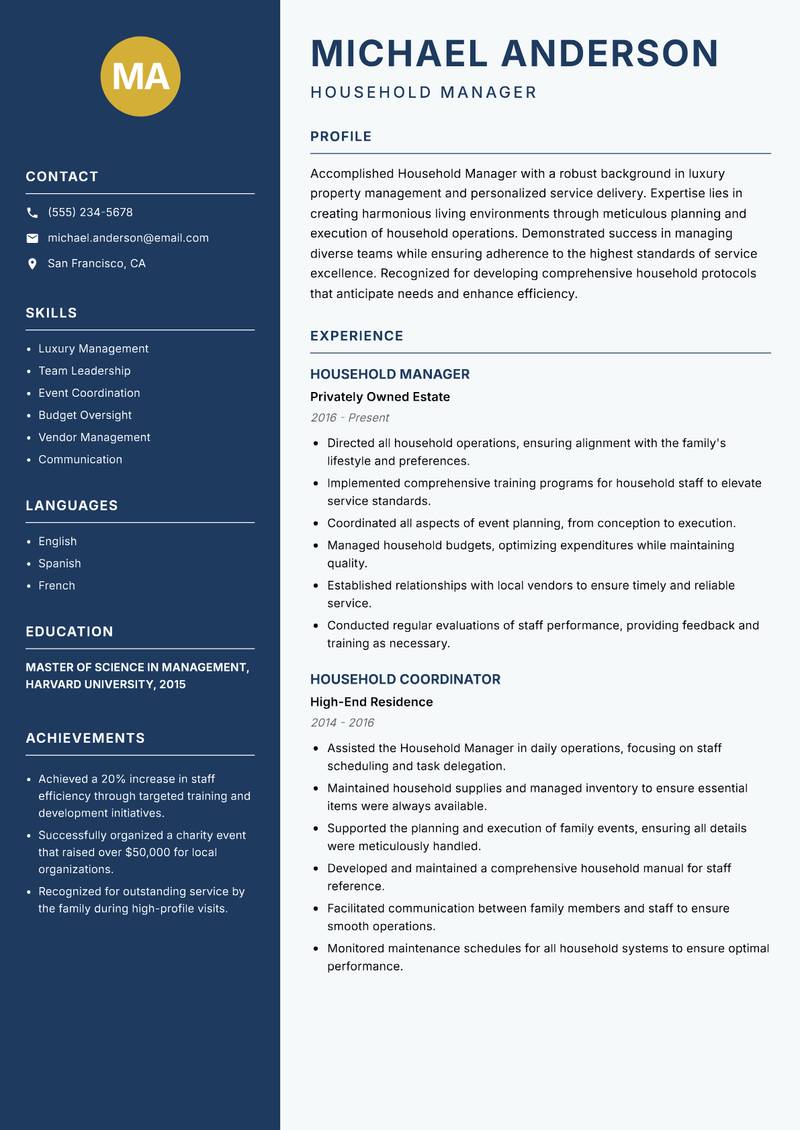 Household Manager resume sample — Household Manager focus