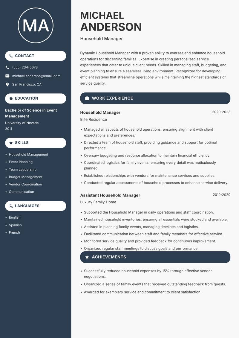 Household Manager resume sample — Household Manager focus