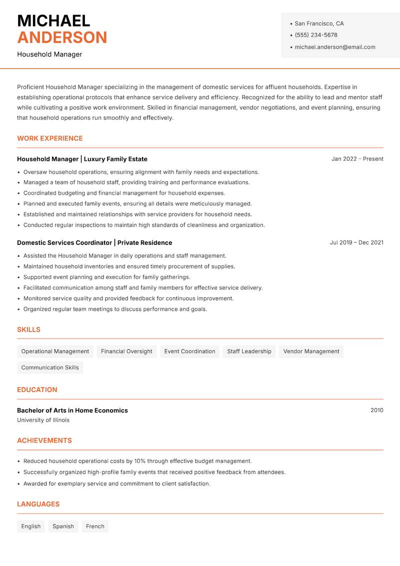 Household Manager resume sample — Household Manager focus