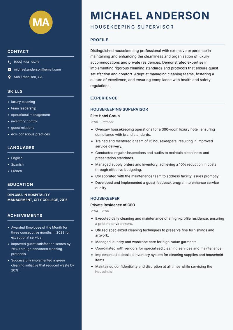 Housekeeper resume sample — Housekeeping Supervisor focus