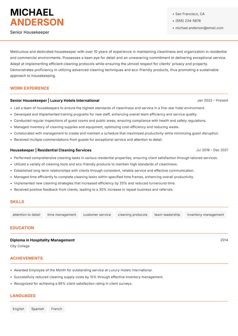 Housekeeper resume sample — Senior Housekeeper focus