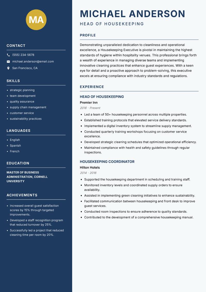 Housekeeping Executive resume sample — Head of Housekeeping focus