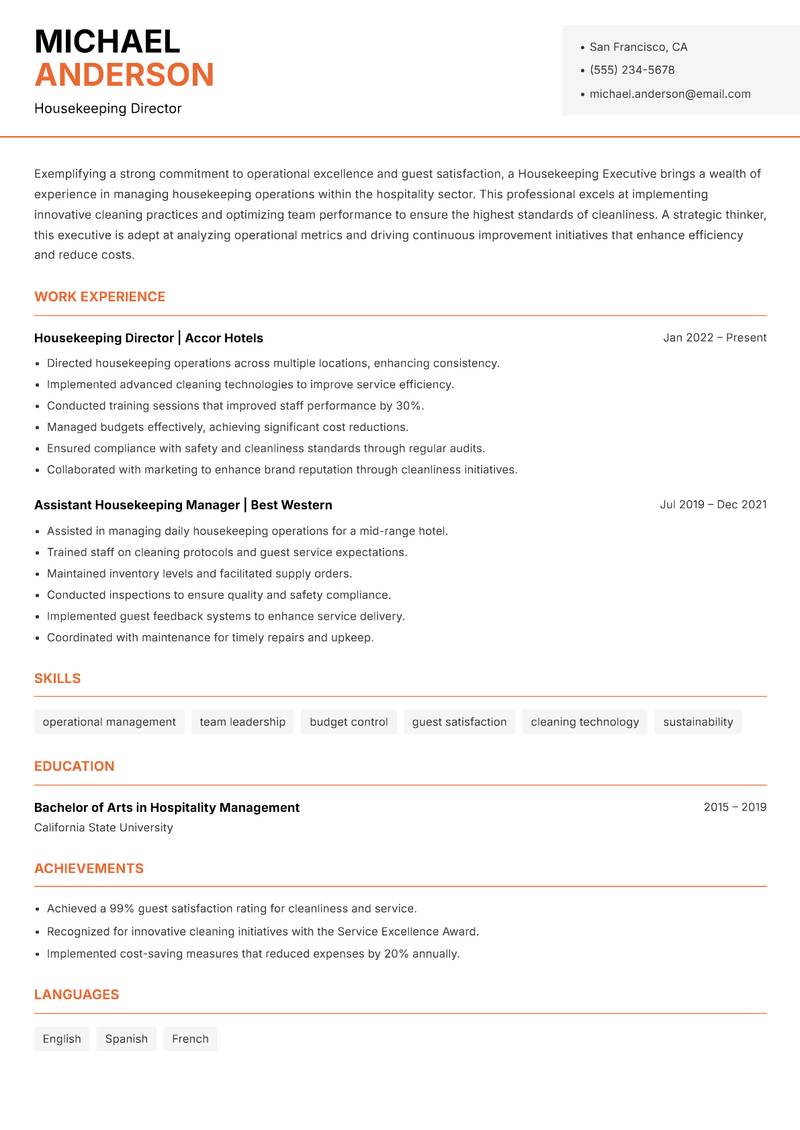 Housekeeping Executive resume sample — Housekeeping Director focus