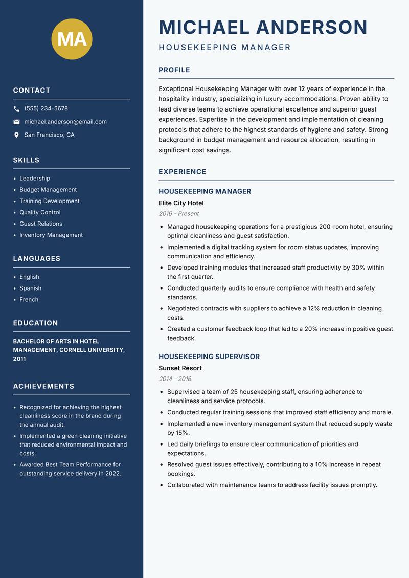 Housekeeping Manager resume sample — Housekeeping Manager focus