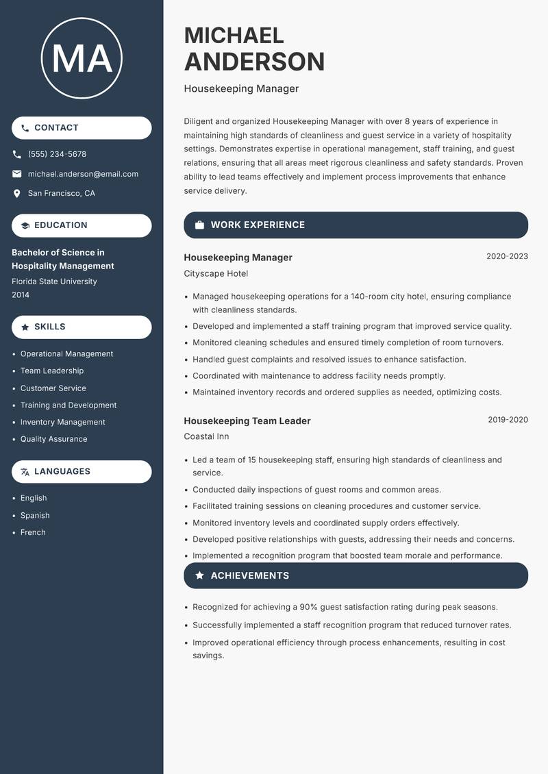 Housekeeping Manager resume sample — Housekeeping Manager focus