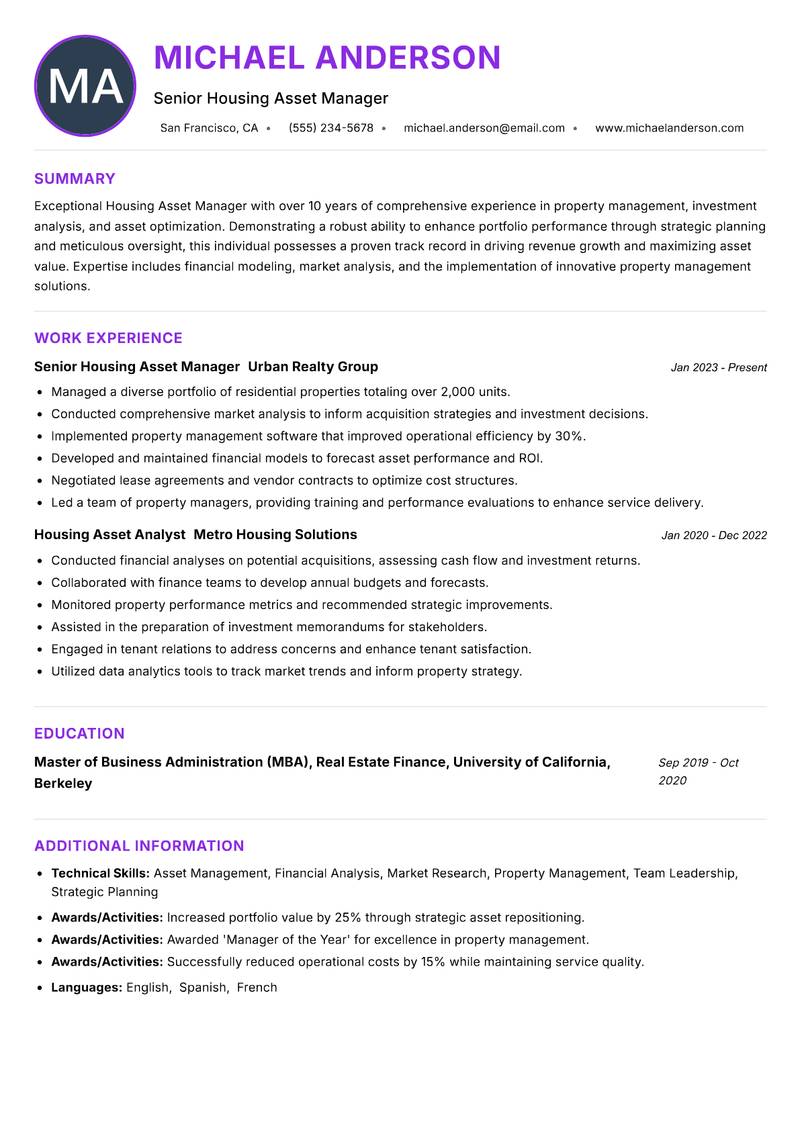 Housing Asset Manager resume example