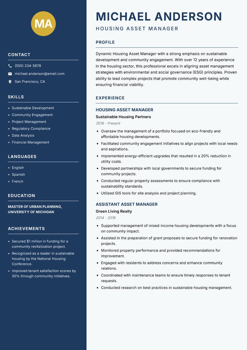 Housing Asset Manager resume sample — Housing Asset Manager focus