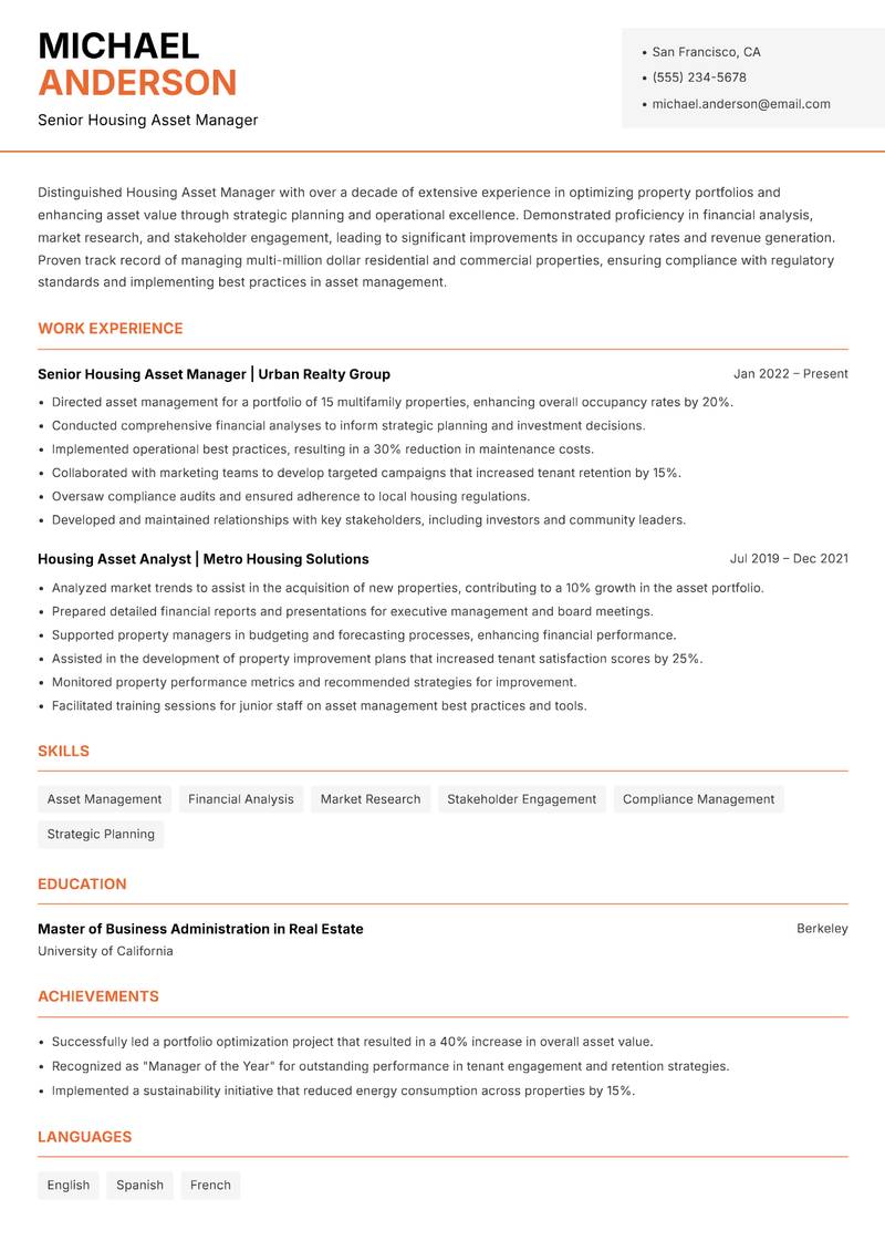 Housing Asset Manager resume sample — Senior Housing Asset Manager focus