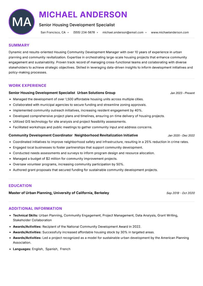 Housing Community Development Manager resume example