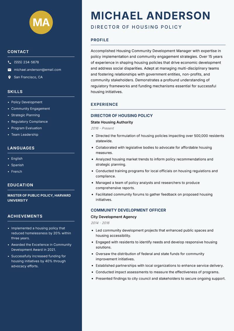 Housing Community Development Manager resume sample — Director of Housing Policy focus
