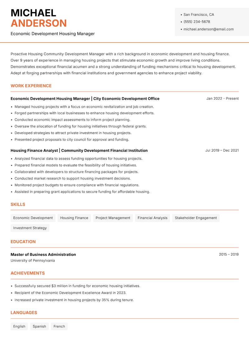Housing Community Development Manager resume sample — Economic Development Housing Manager focus