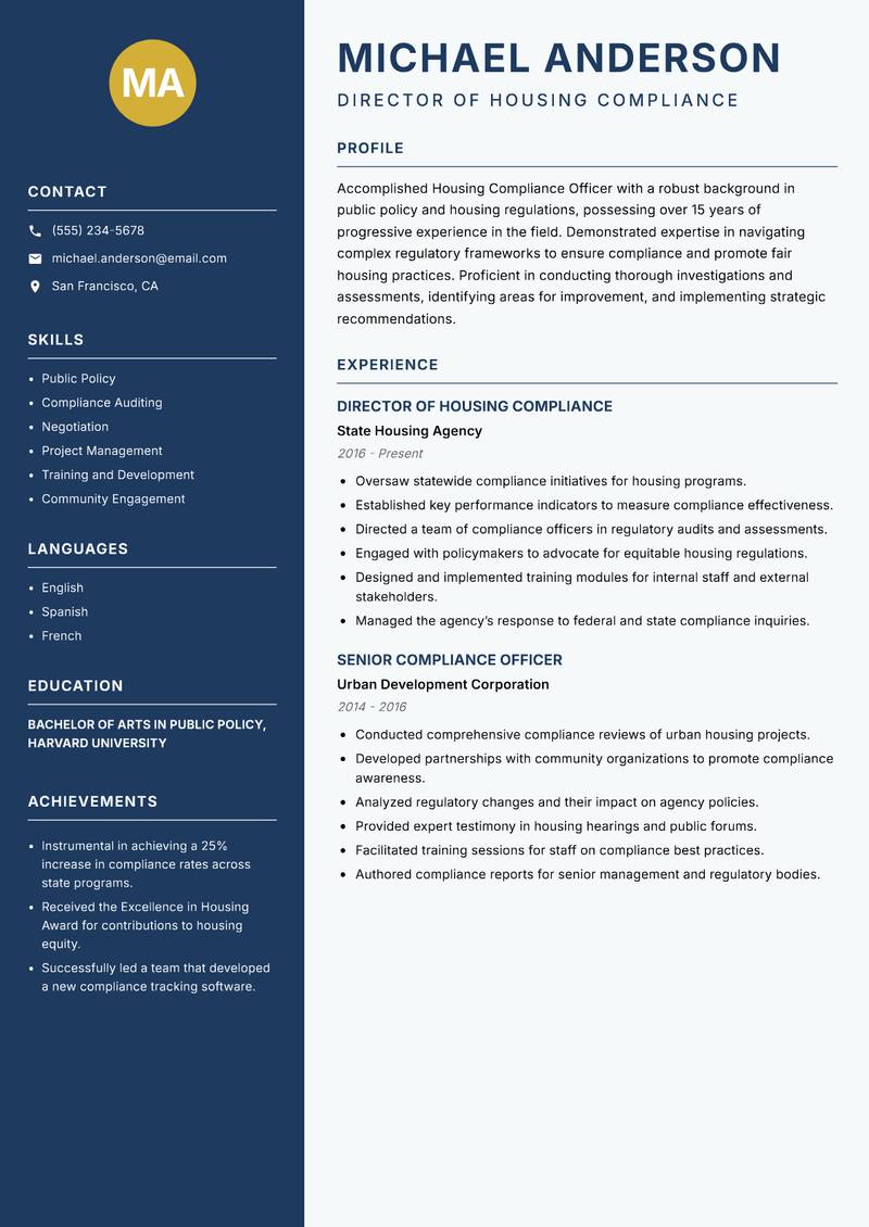 Housing Compliance Officer resume sample — Director of Housing Compliance focus