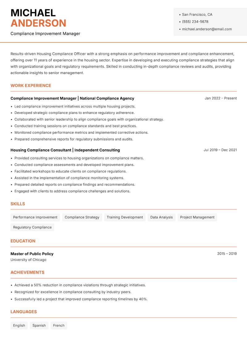 Housing Compliance Officer resume sample — Compliance Improvement Manager focus