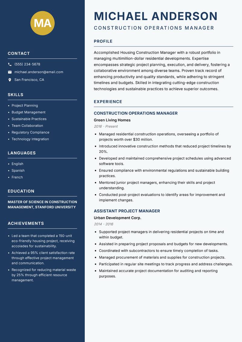 Housing Construction Manager resume sample — Construction Operations Manager focus