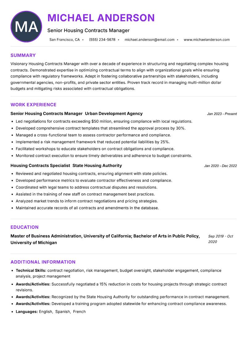 Housing Contracts Manager resume example