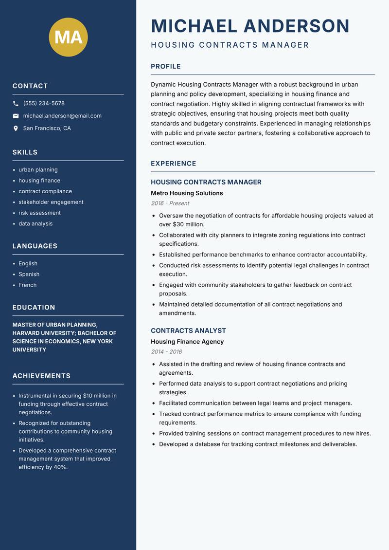 Housing Contracts Manager resume sample — Housing Contracts Manager focus
