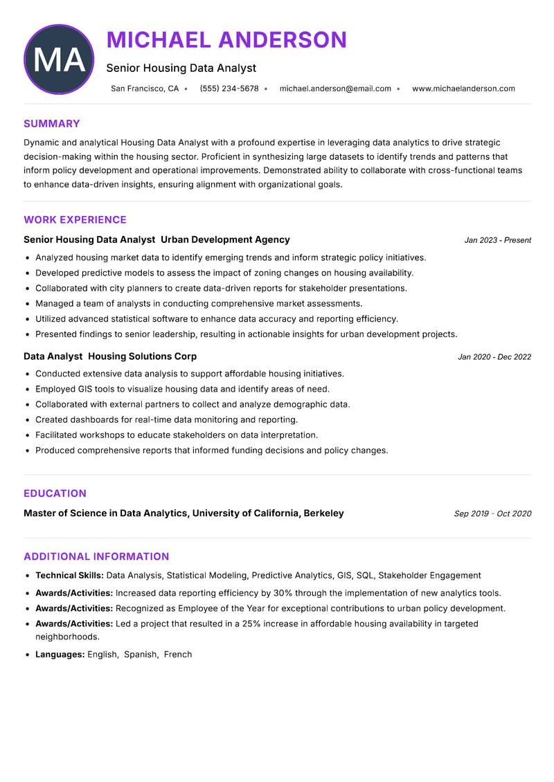 Housing Data Analyst resume example