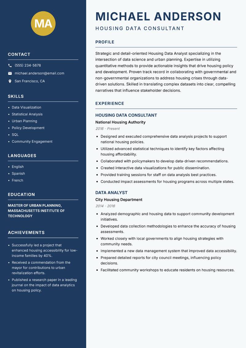 Housing Data Analyst resume sample — Housing Data Consultant focus