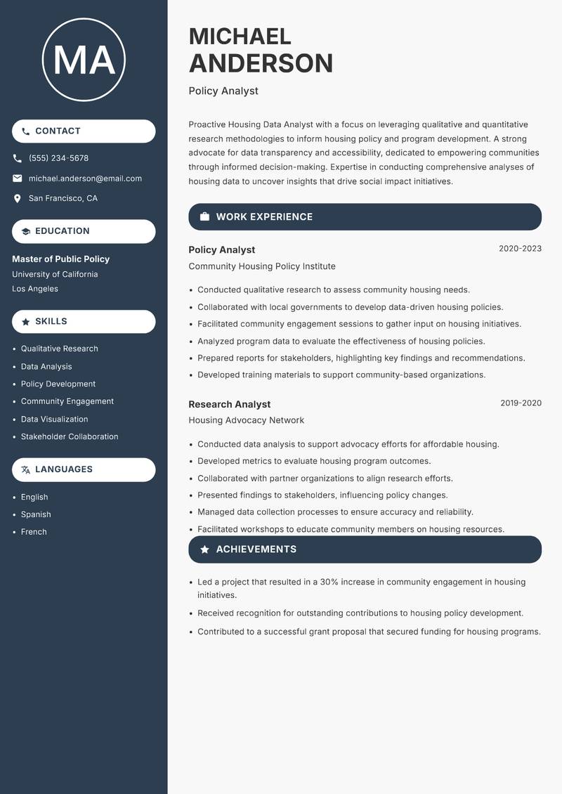 Housing Data Analyst resume sample — Policy Analyst focus