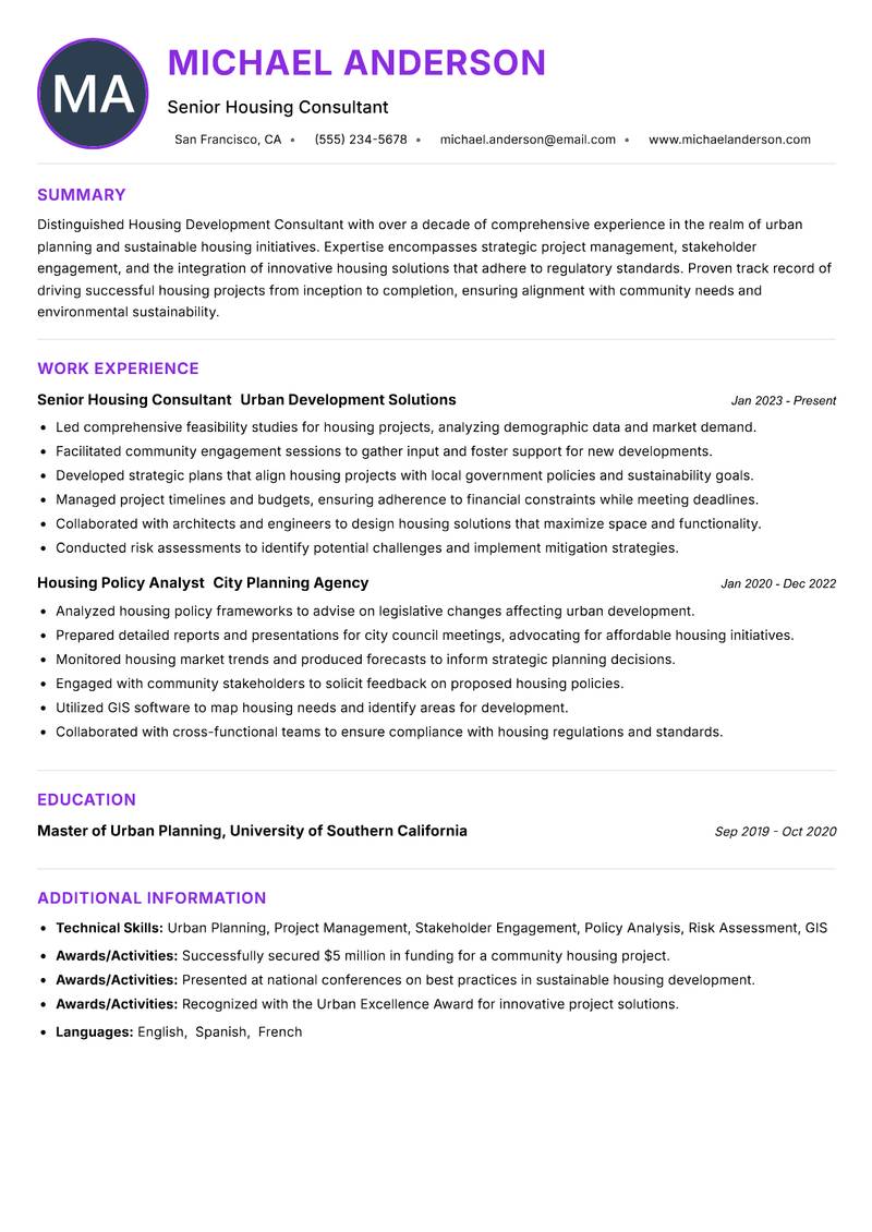 Housing Development Consultant resume example