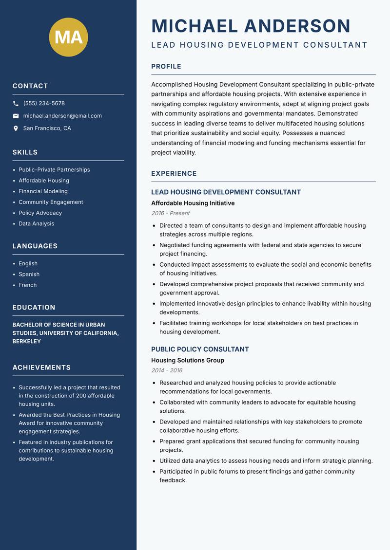 Housing Development Consultant resume sample — Lead Housing Development Consultant focus