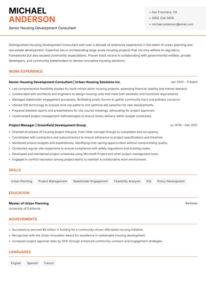 Housing Development Consultant resume sample — Senior Housing Development Consultant focus