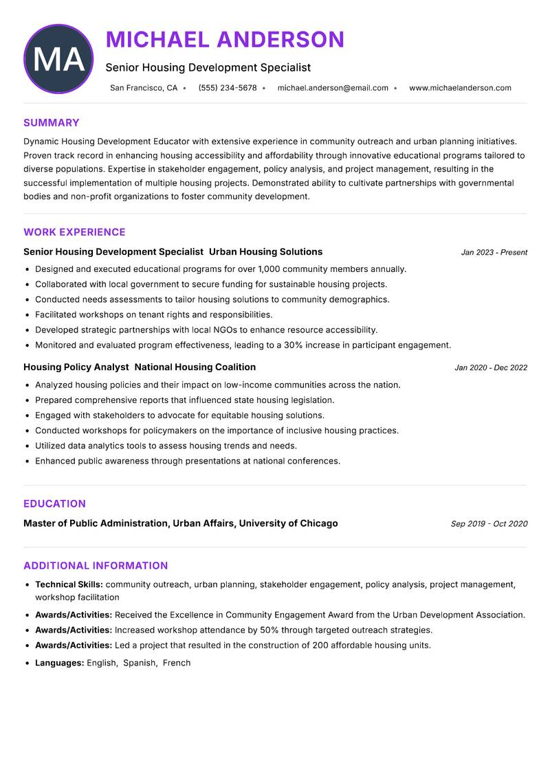 Housing Development Educator resume example